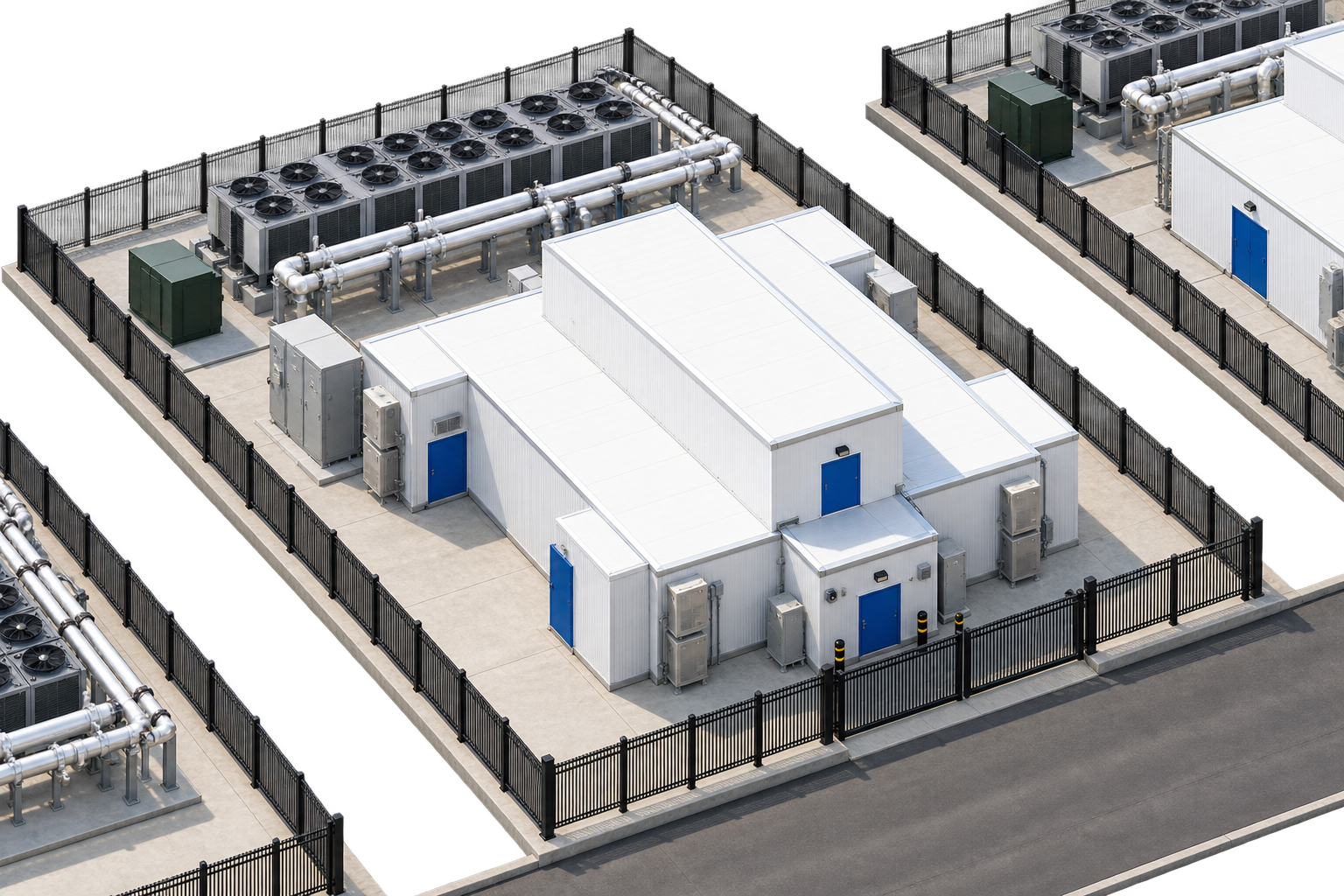 Fenced modular compute pad beside the access road